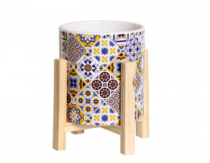 Obal na kvetináč keramický v drevenom stojane mozaikový